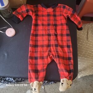 Carter's 3m Red and Black Plaid Footie with Bear Details